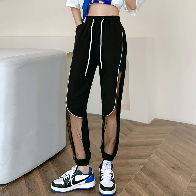Fashion Ice Silk Quick Drying Sweatpants Women'S 2023 Summer New High Waist Splicing Thin Casual Loose Harlan 9-Point Trousers