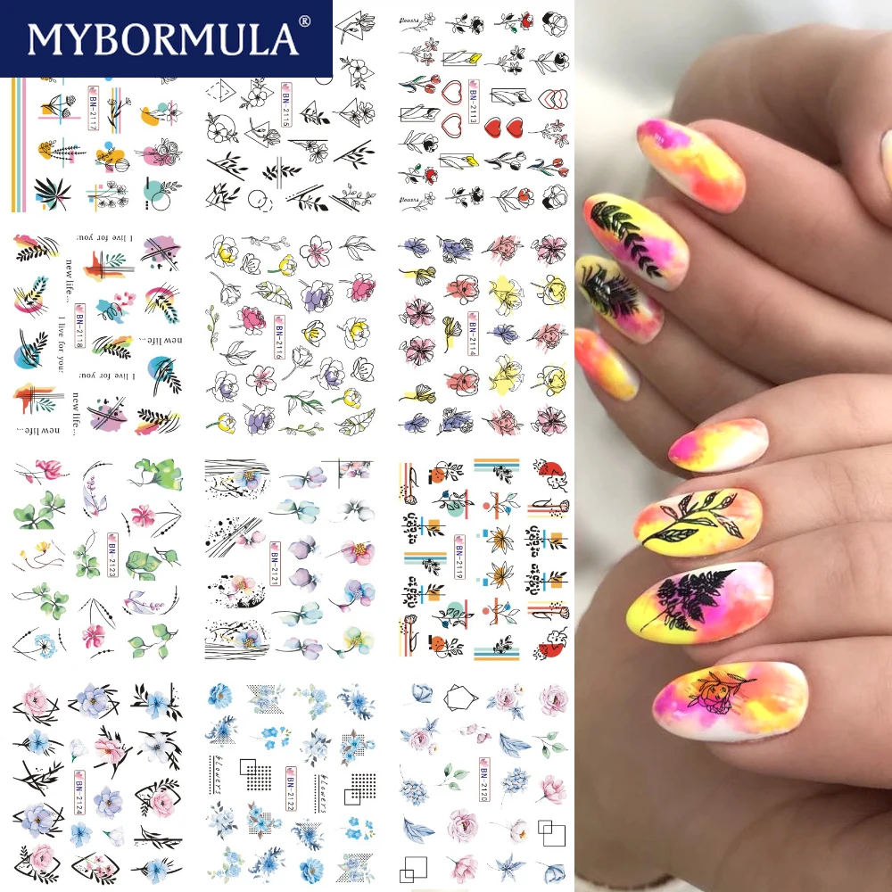 

12 Styles Spring Flower Design Nail Stickers Decals Water Transfer Sliders Watercolor Blooming Florals Decorations Manicure