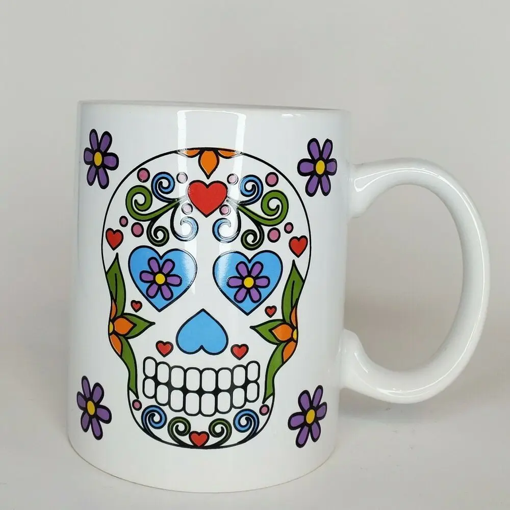 

Day Of The Dead Coffee Mug Sugar Skulls White Mug Heart Eyes Purple Green New