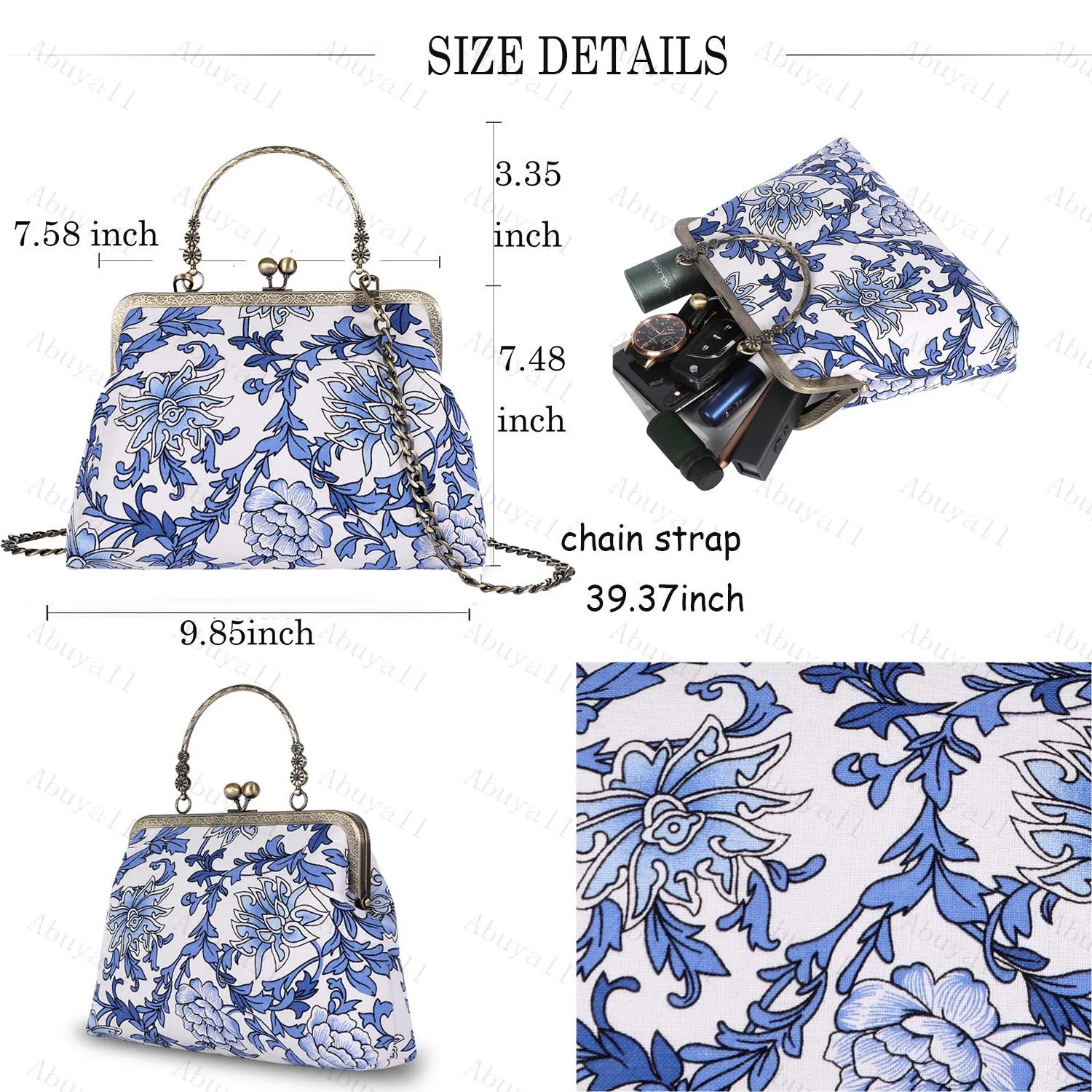 Abuyall Kiss Lock Top-Handle Handbag Floral Canvas Chain Strap Shoulder Bag Vintage Evening Tote Shell Crossbody Purse DIY Lady