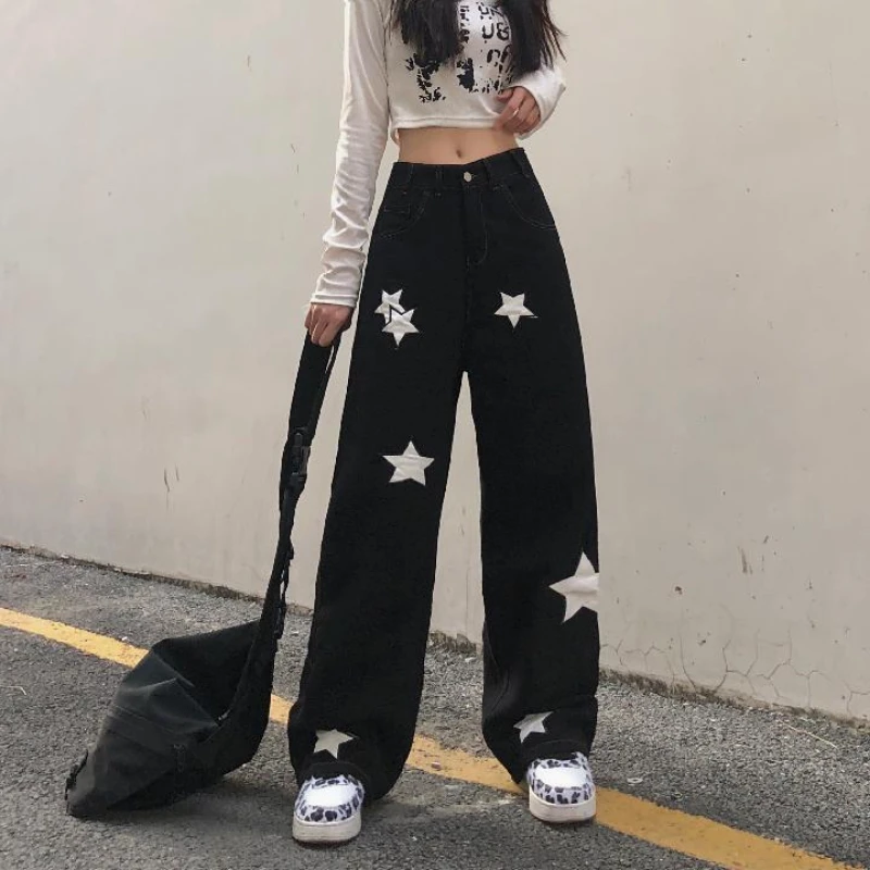 Y2K Retro Streetwear Black Cargo Jeans Women Gothic Punk Vintage Kpop Print Wide Leg Denim Panrts Female Autumn Trousers