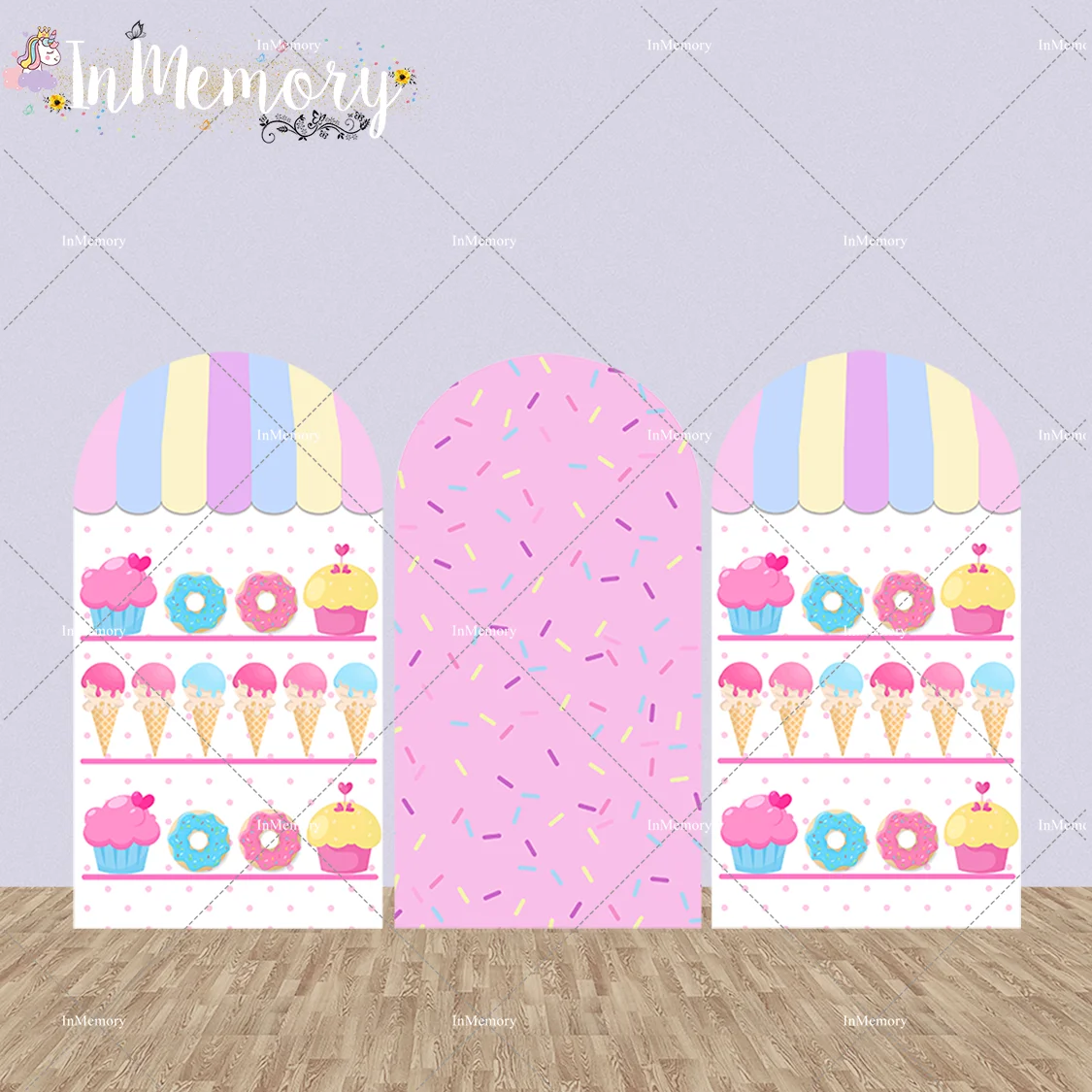 Фон для фотографирования детей с изображением конфет пончиков арочных стен