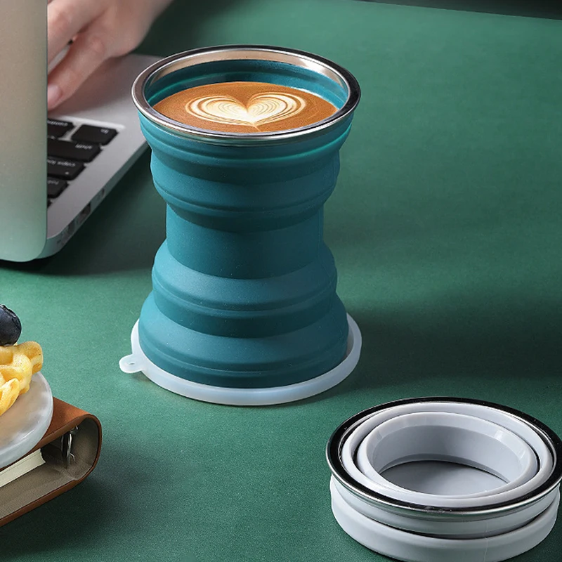 

Portable Silicone Folding Water Cup Outdoor Heat Resistant Foldable Mug Collapsible Travel Drinking Cups for Camping with Lid