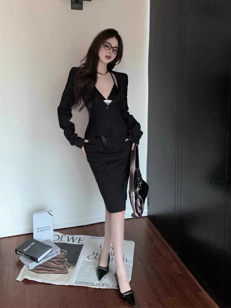 

UNXX Capable Commuting Set Women Black Padded Shoulder Striped Blazer Jacket Autumn Peplum Midi Skirt 2 Piece Office Lady Girls