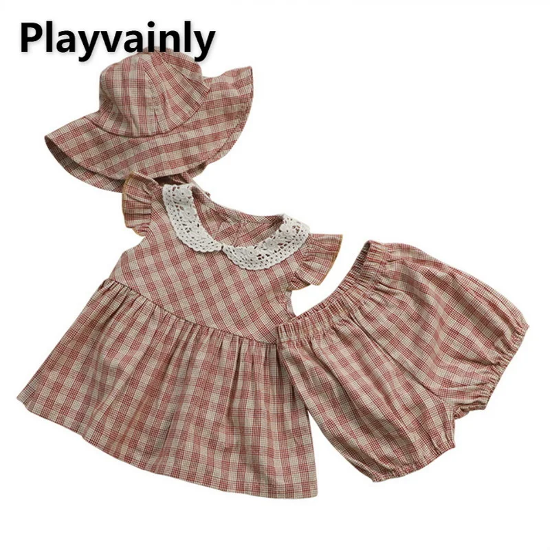 

Летняя детская одежда для девочек, комплекты с короткими расклешенными рукавами, воротник «Питер», розовая синяя клетчатая рубашка + шорты +...