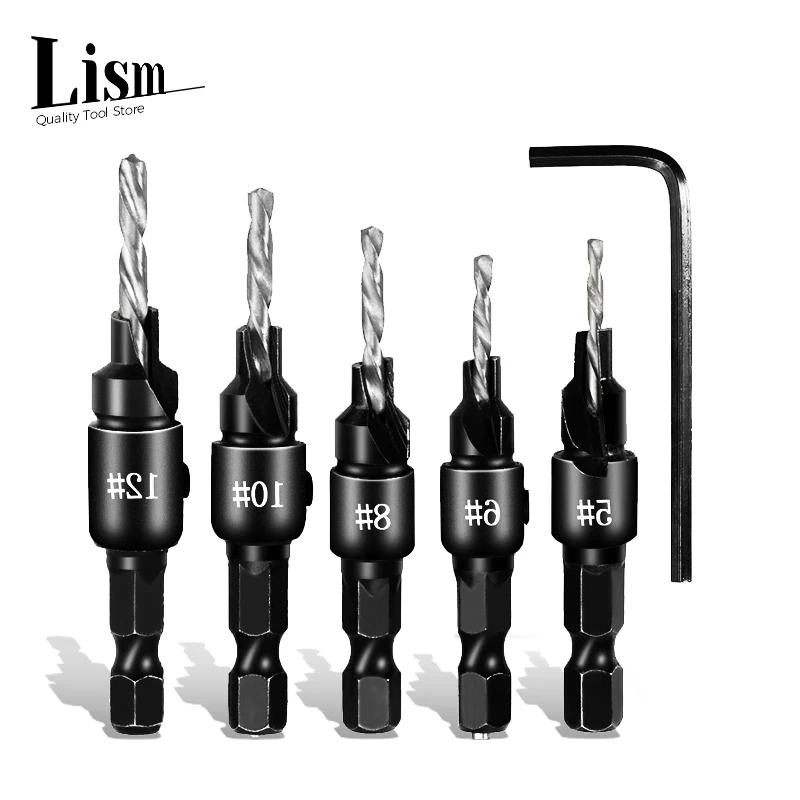 

Countersink Woodworking Drill Bit Set Pilot Holes For Screw Sizes #5 #6 #8 #10 #12, 5 Pack Golden/Silver Optional