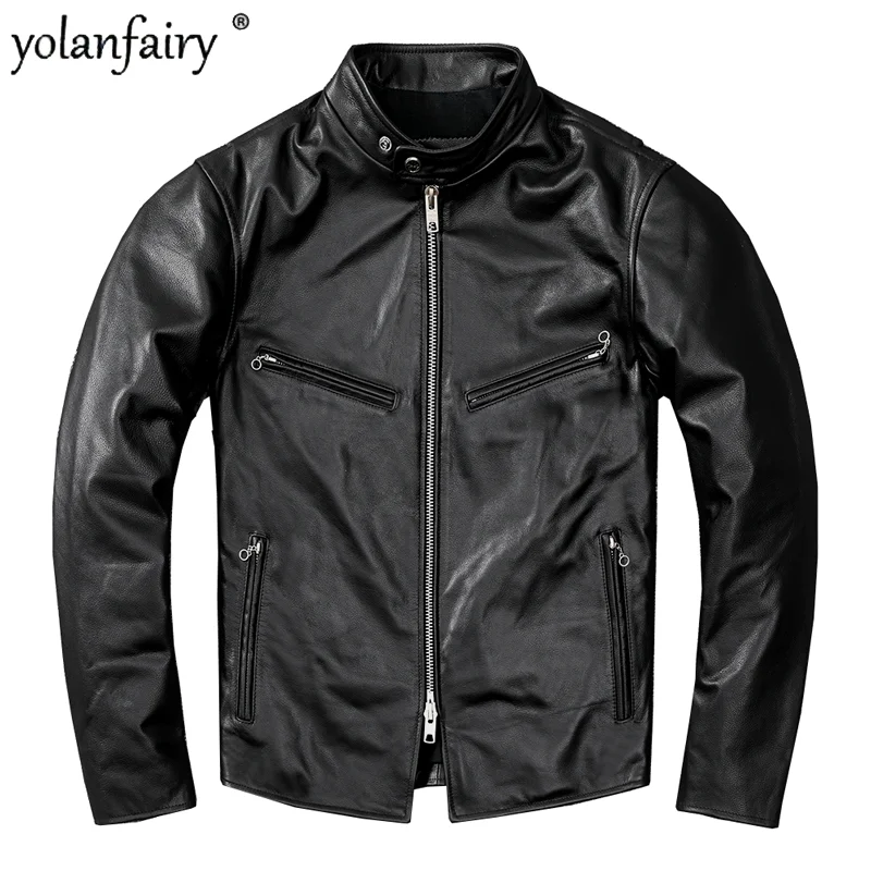 

Pure Top Layer Cowhide Genuine Leather Jacket Men Motorcycle Jackets Short Fashion Jacket Stand Collar Chaquetas Para Hombre FCY
