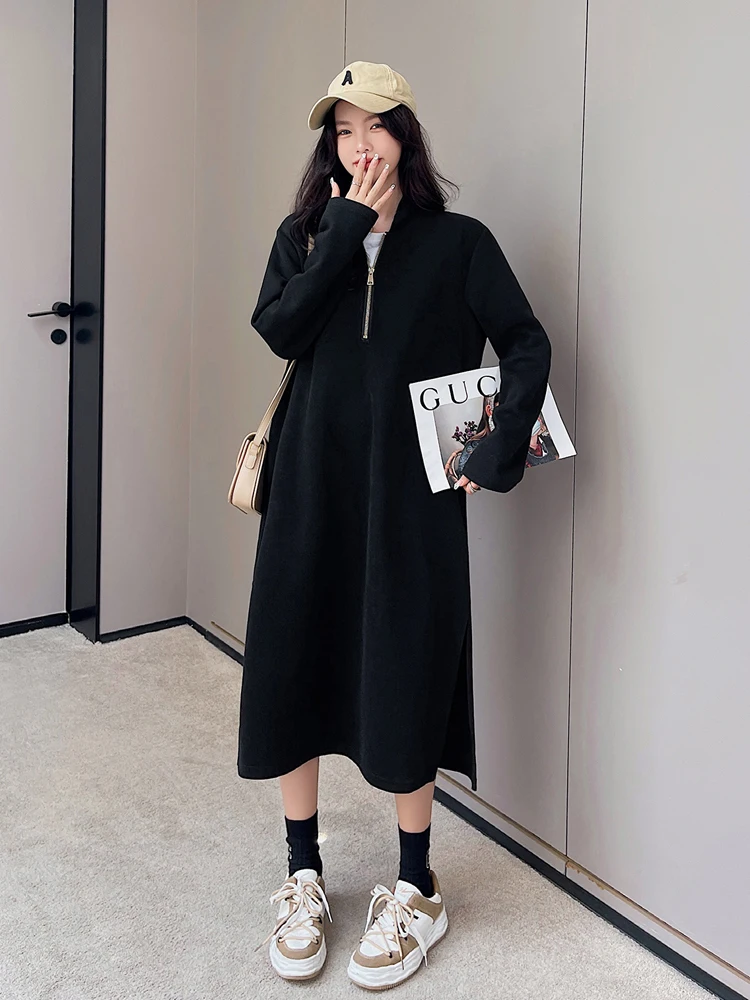 

2023 Spring Autumn Korean Fashion Woman Dress Elbise Casual Loose Plus Size Solid Color Zip Hooded Sweatshirt Long Dresses Women