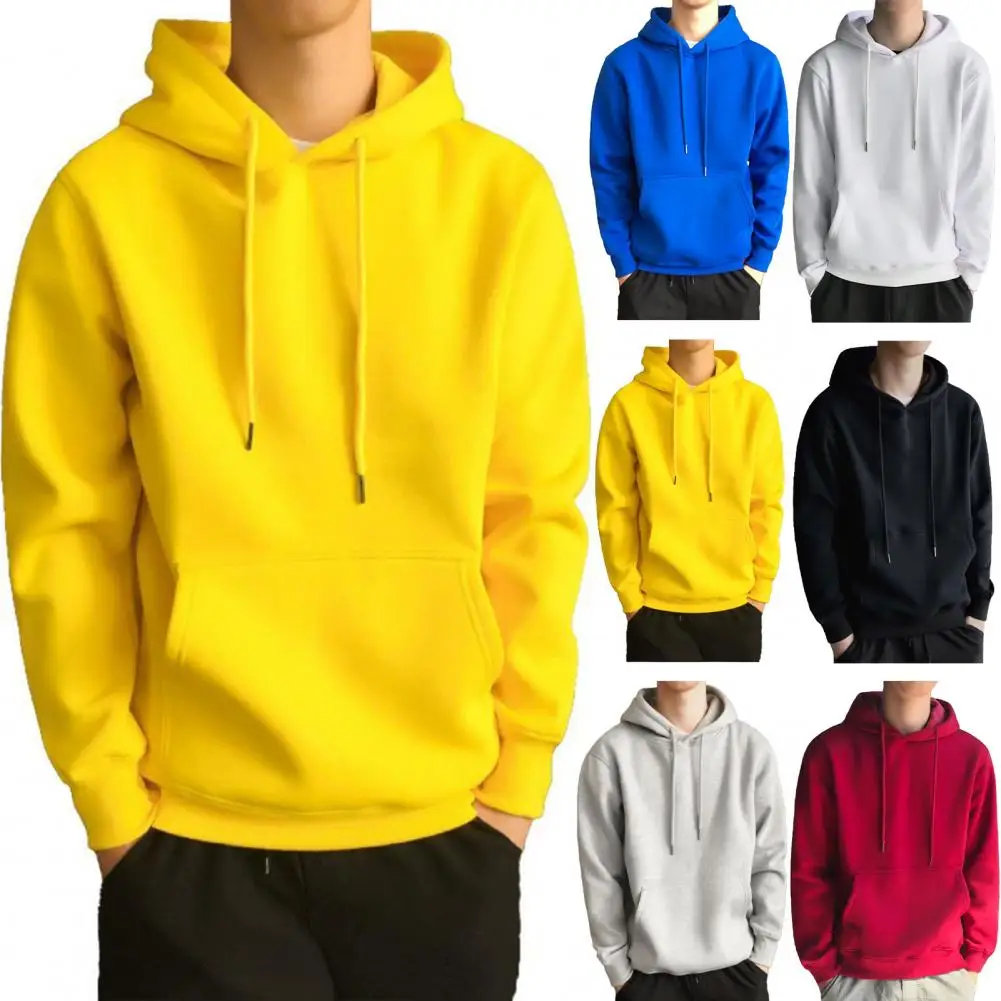 

Fashion Pullover Hoodie Front Pocket Warm Lightweight Solid Color Men Plush Lined Pullover Hoodie