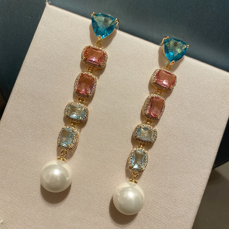 

Bilincolor Fashion Broken Zircon with White Pearl Long Drop Earrings