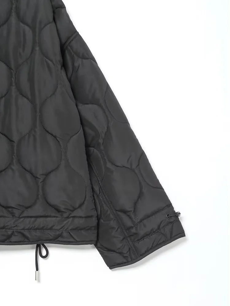 KEYANKETIAN Women's Short Black Cotton Jacket new Fall/winter wavy quilted trim retro style stand collar loose lightweight coat