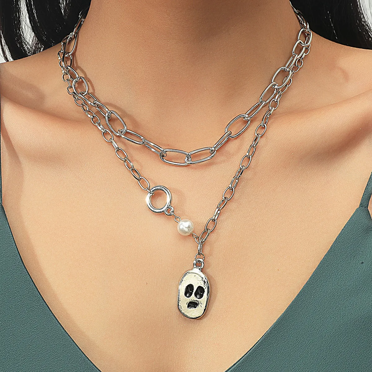 

Halloween Gift Vintage Ghost Face Pendant Necklace Stainless Steel Double Layer Fashion Sweater Necklace For Women Jewelry CF