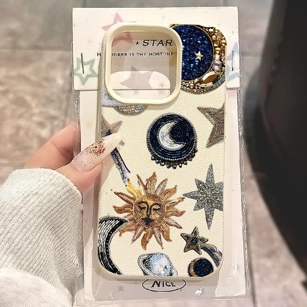 Фото Чехол Sun Moon Star с текстурой личи для iPhone 17 16 15 14 13 12 11 Pro Max, в стиле бохо, с астрологическим дизайном, противоударный, из мягкого ТПУ №1