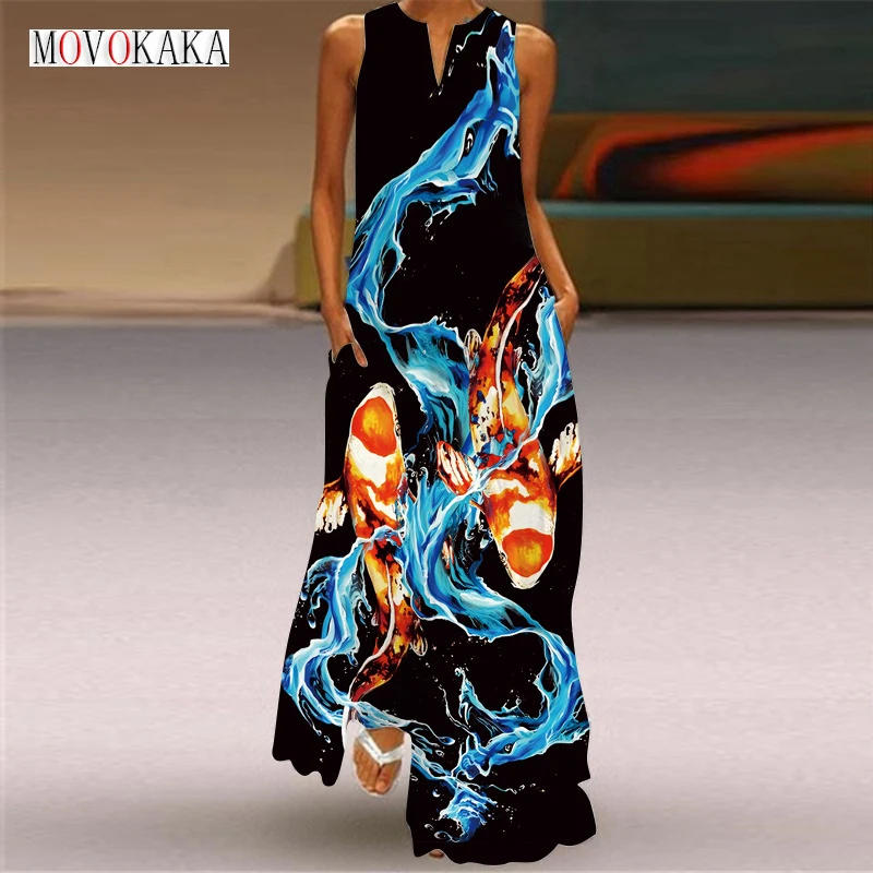 

MOVOKAKA Ladies Spring Summer Black Long Dress Sleeveless V-neck Casual Beach Dresses Elegant Fish Print Vintage Dress For Women