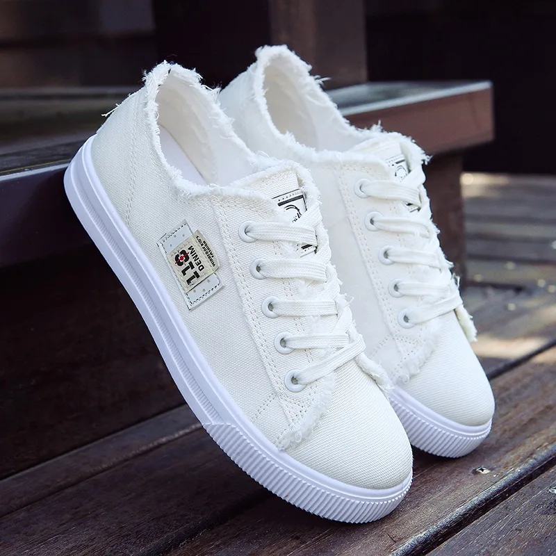 

Women Canvas Sneaker Low Top Denim Sneakers Ladies Lace-Up Flat Canvas Trainers Girl Soild Board Shoes Female Sandals Women 2022