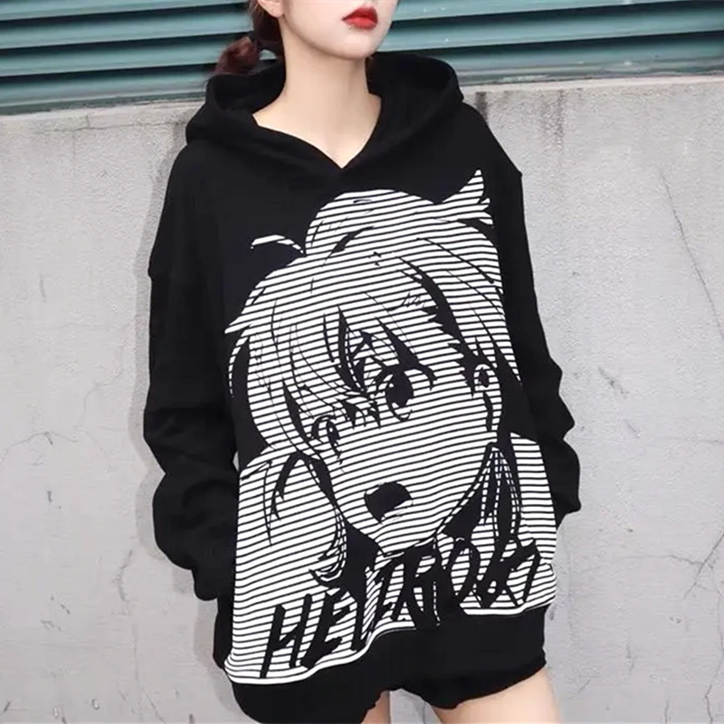 

Dark Punk Japan Kawaii Girl Anime Hoodie Oversized Black Sweatshirt Long Sleeve Tops 2022 Spring Fashion Harajuku Teens Clothes