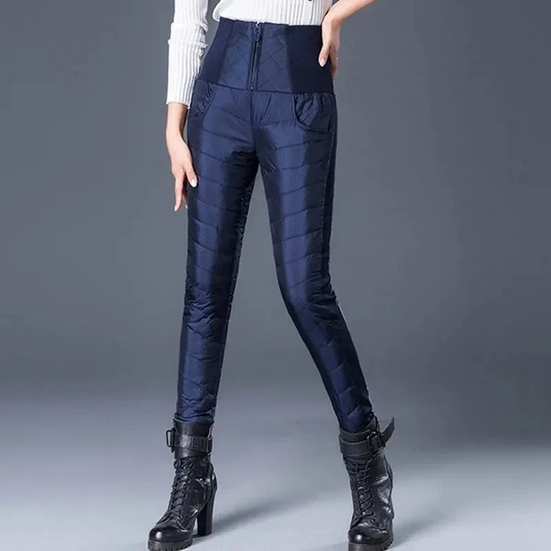 Women's New Winter White Duck Down Pencil Pants Women's Zipper High Waist Down Warm Snow Pants Slim Fit Thickened Pants