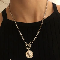 new gold silver color carved portrait coin pendant necklace for women punk thin chain ot buckle clavicle choker necklace jewelry