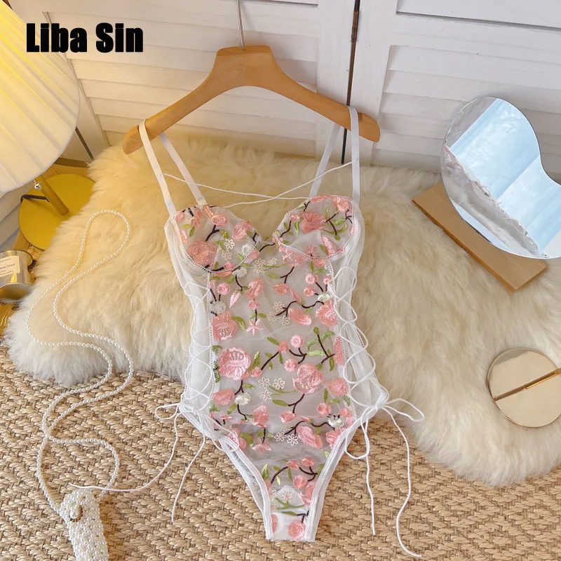 

Rin Confa Summer Women Sexy Hot Girl Bodysuit Suspenders Hook Flower Hollow Ins Drawstring Tie Embroidered Jumpsuit