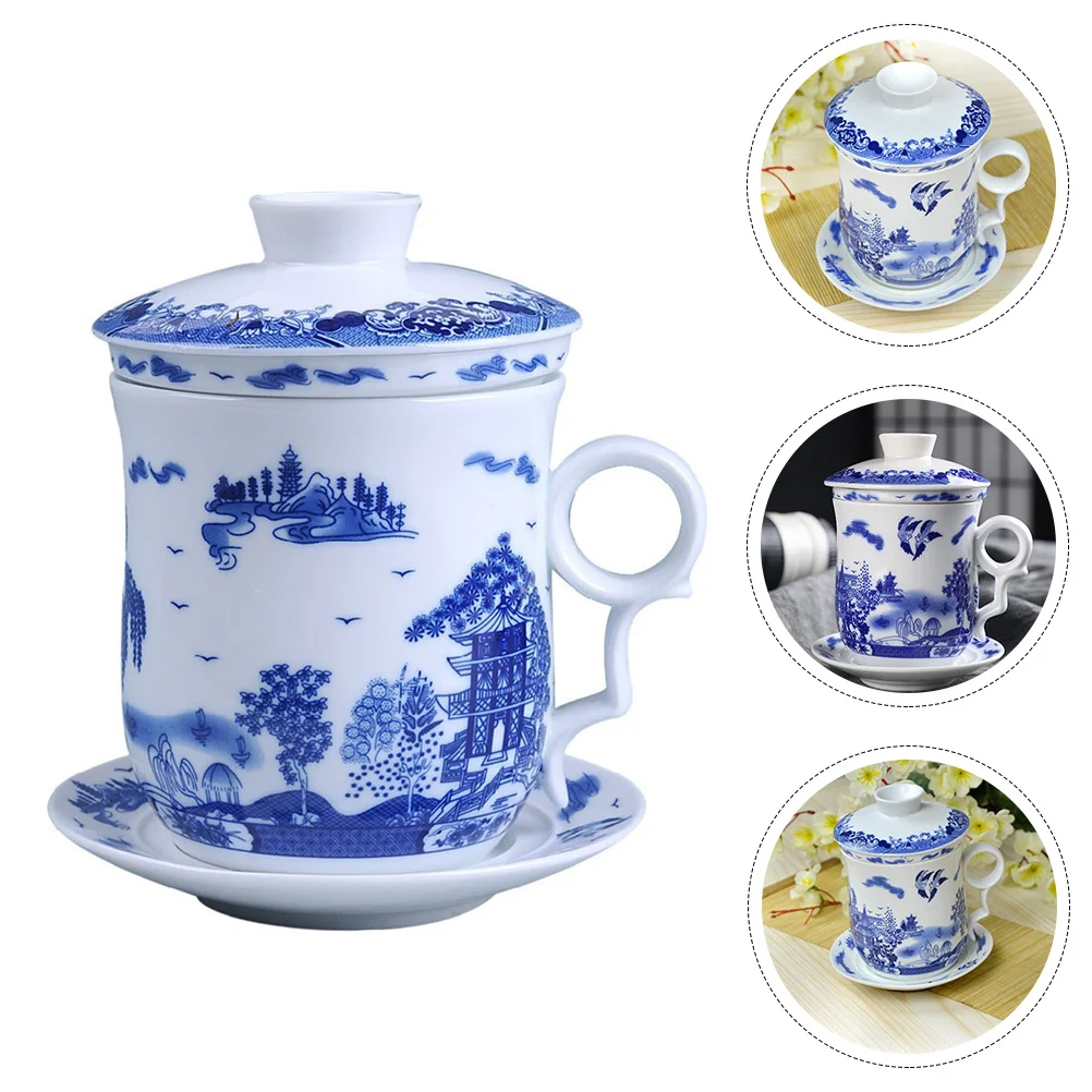 

Blue White Porcelain Teacup Chinese Traditional Glass Mug Infuser Teacups Mugs Lid Ceramics Household Saucers China Set