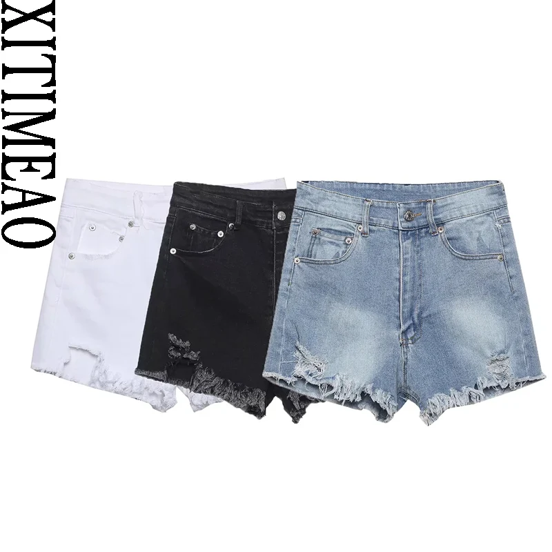 

Xitimeao Women Fashion Front Pockets Frayed Hems Denim Shorts Vintage High Waist Zipper Fly Female Short Pants Mujer