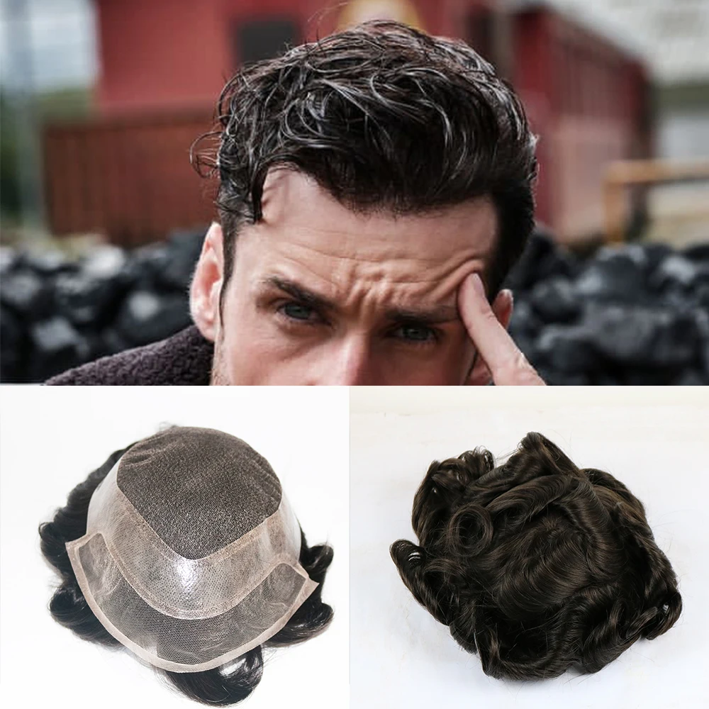 

Парик из 100% натуральных человеческих волос для мужчин, мягкая кружевная основа с 1 дюймовым прозрачным полиуретановым покрытием для замены мужских волос