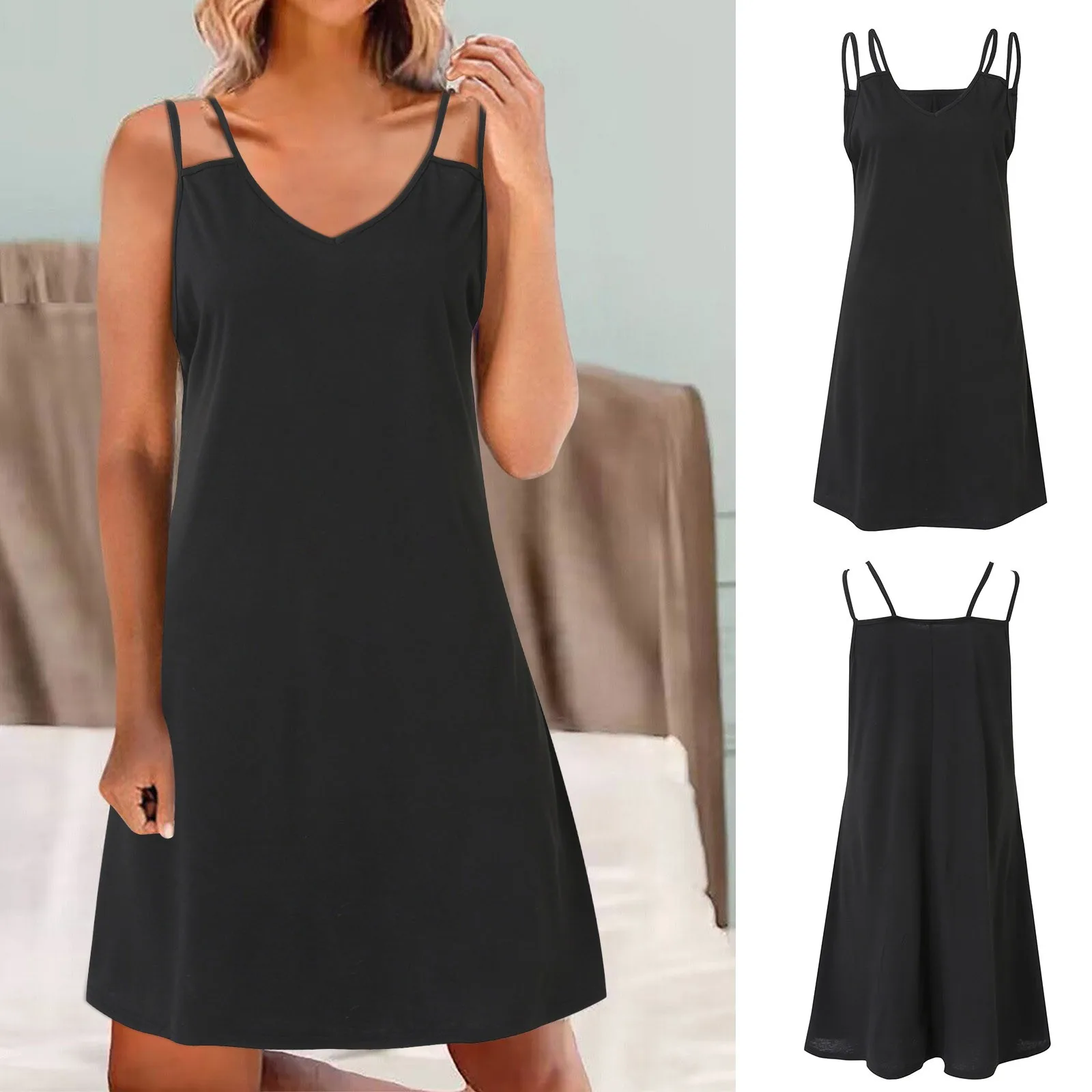 

2023 New Tide Women'S Black Solid V Neck Straps Dress Short Sleeve Fresh Elegant Temperament For Party