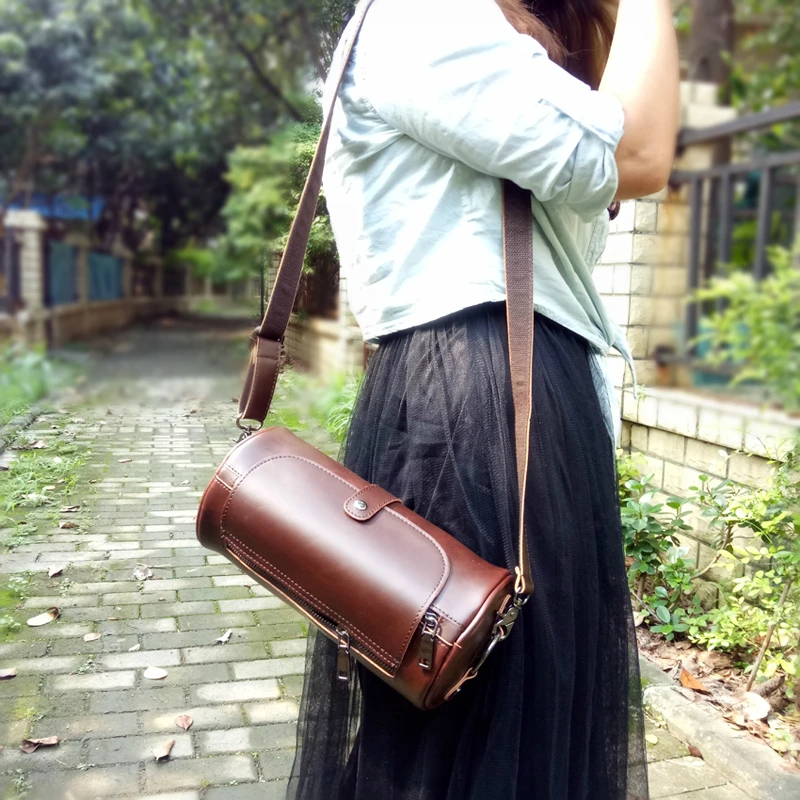 

Retro Crazy Horse Leather Women's Crossbody Bag Female Literary Small Cylinder Shoulder Messenger Bags Fashion