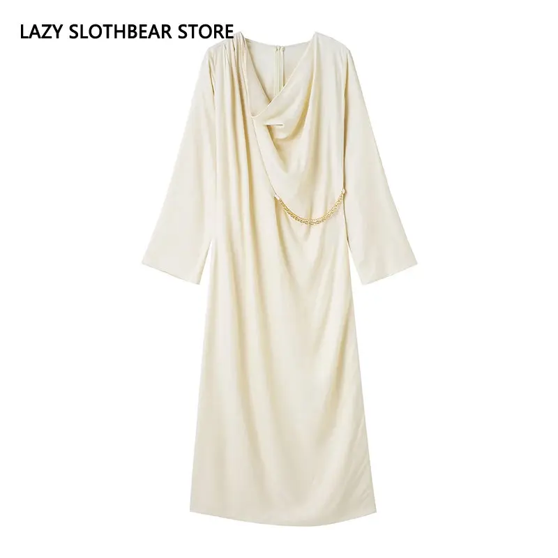 

Женское атласное платье средней длины, элегантное свободное прямое платье с длинным рукавом, плиссированное офисное платье для вечеринок, ...