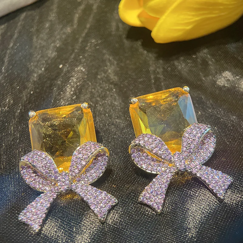 Micro Pave Cubic Zirconia Square CZ Bowknot Stud Earrings 925 Silver Needle Fashion Romantic Wedding Party Luxury Jewelry