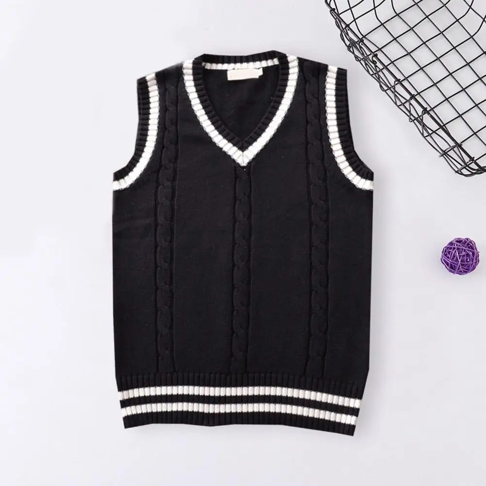 

Uniform Women Pullover Vest Ribbed Trim Sweater tops Knitted Waistcoat