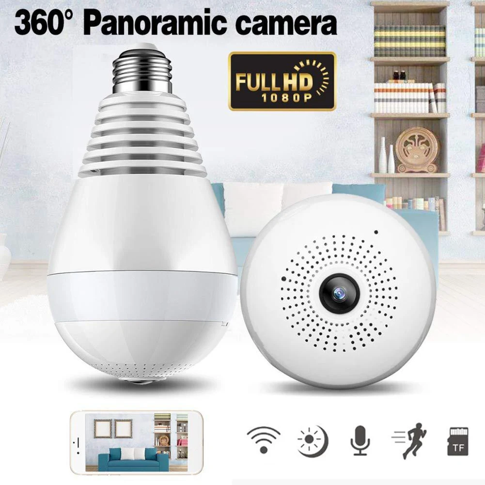 

Wifi Camcorder with Audio Indoor Wireless IP Camera Video Light Night Vision1080P HD 360° Panoramic Camera Bulb Lamp Fish Eye