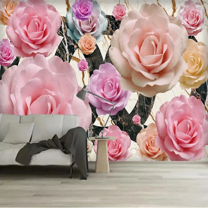 

Custom 3D Photo New Chinese Style Colorful Rose Marble Background Wall Wallpaper Papel De Parede Home Décor Tapety Fresco Tapiz