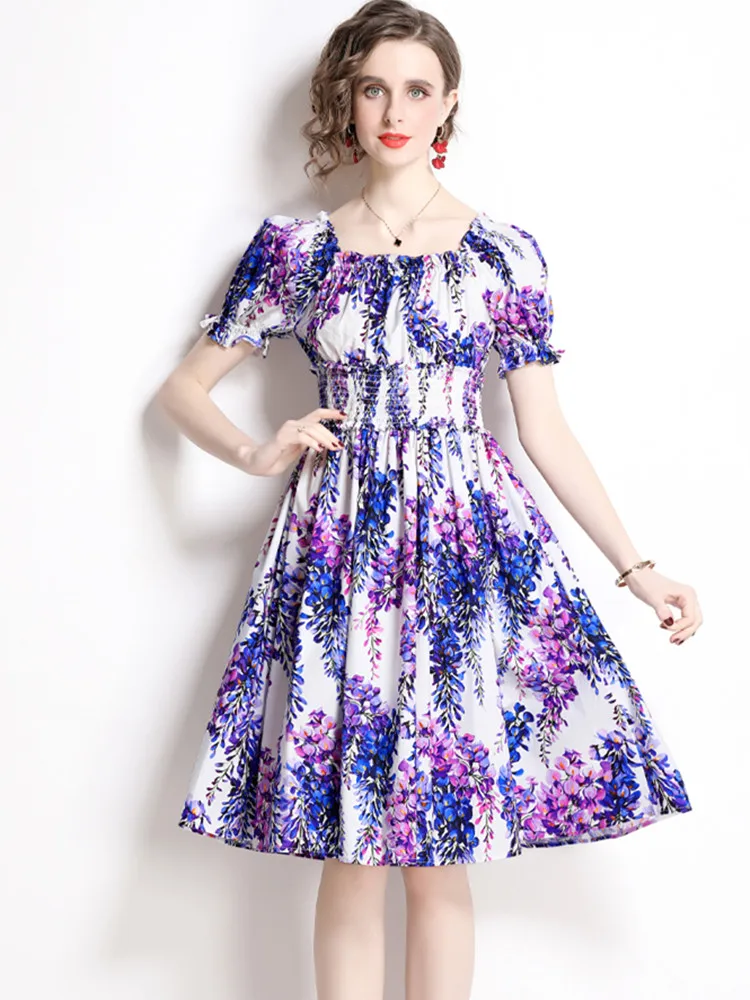 

Bohemia Summer Floral Beach Holiday Dress Women's Elegant Square Collar Puff Sleeve Purplevine Print Elastic Waist Dresses
