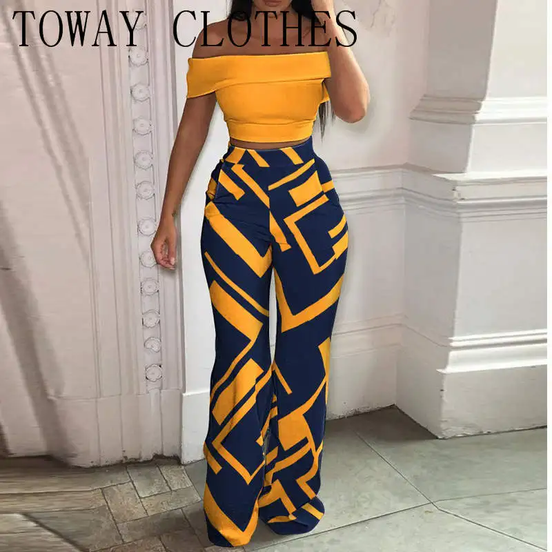 

Matching Set Women Slash Neck Pullover Top High Elastic Waist Wide Leg Pants Ladies Outfit Summer Printing Slim Streetwear Suit
