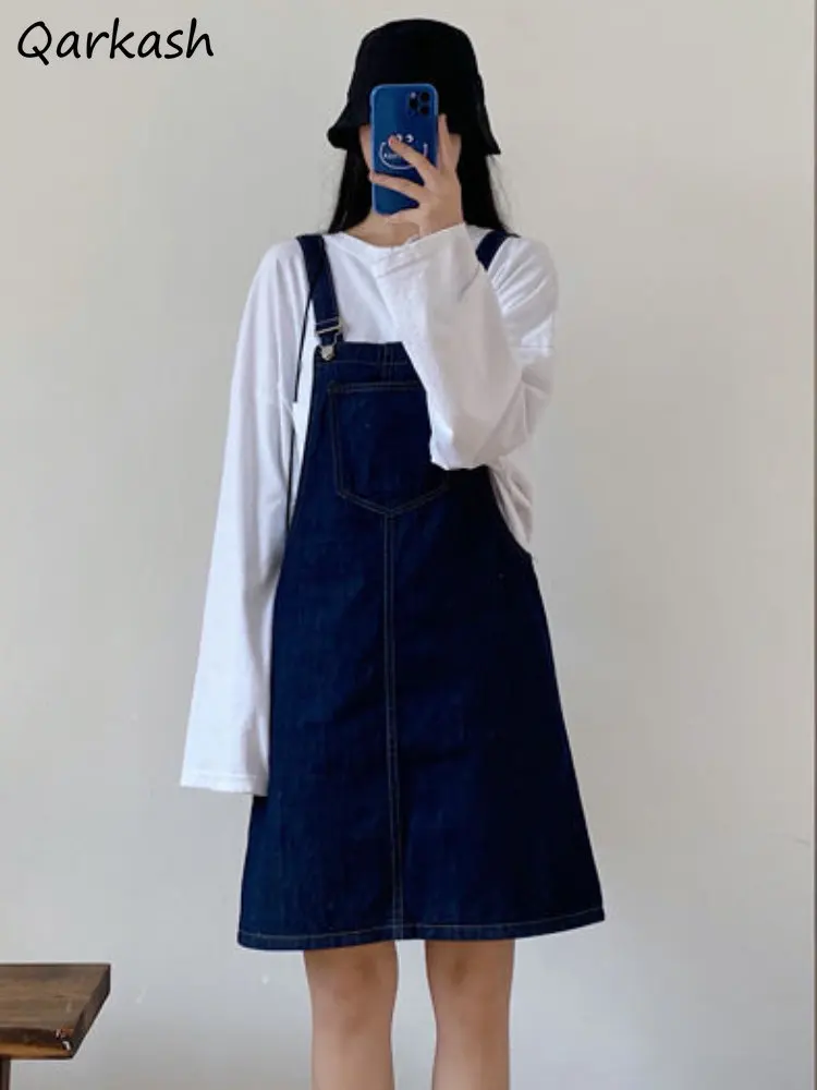 Denim Mini Dresses Women Loose Solid Tender Ulzzang Vintage Casual Square Collar Summer College Lazy All-match Streetwear Teens