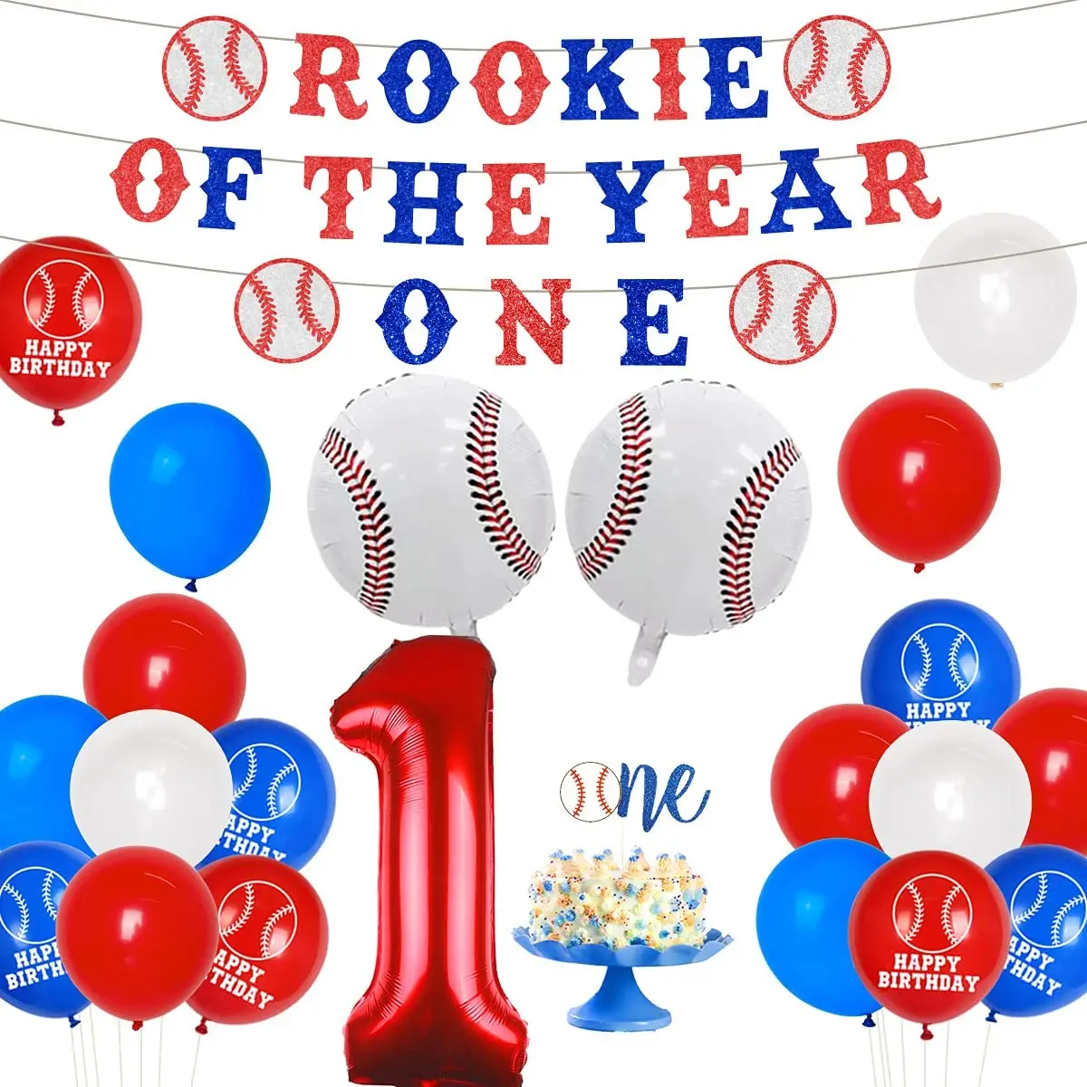 

Baseball 1st Birthday Decorations with Rookie of The Year Banner Number 1 Foil Balloon Cake Topper for Boy First Birthday Party