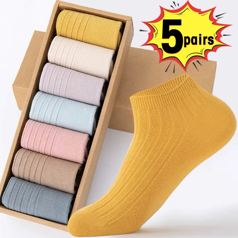 5 Pairs Women Invisible Boat Socks Summer Silicone Non-slip Slipper Socks Mesh Breathable Cotton Low Ankle Female No show Sock