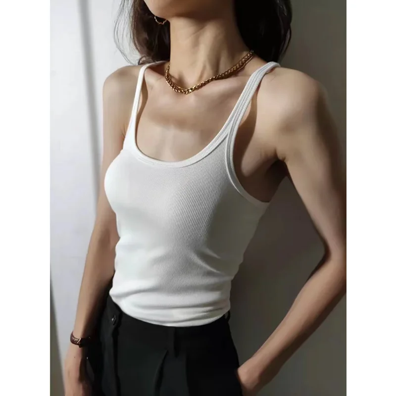 

Women Solid Round Neck Ribbed Black White Tank Top Camisole Women's Clothing Summer Basic Elastic Clothes Camis Y2k Tops 017A