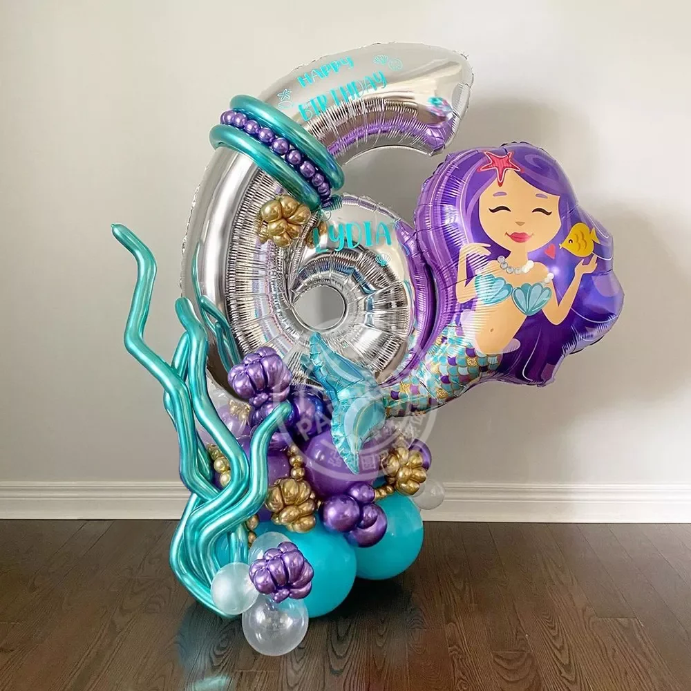 

36Pcs Big 73x50cm Mermaid Balloon Set 30'' Number Foil Globos 1 2 3 4 5 6Years Old Little Mermaid Girl Birthday Party De