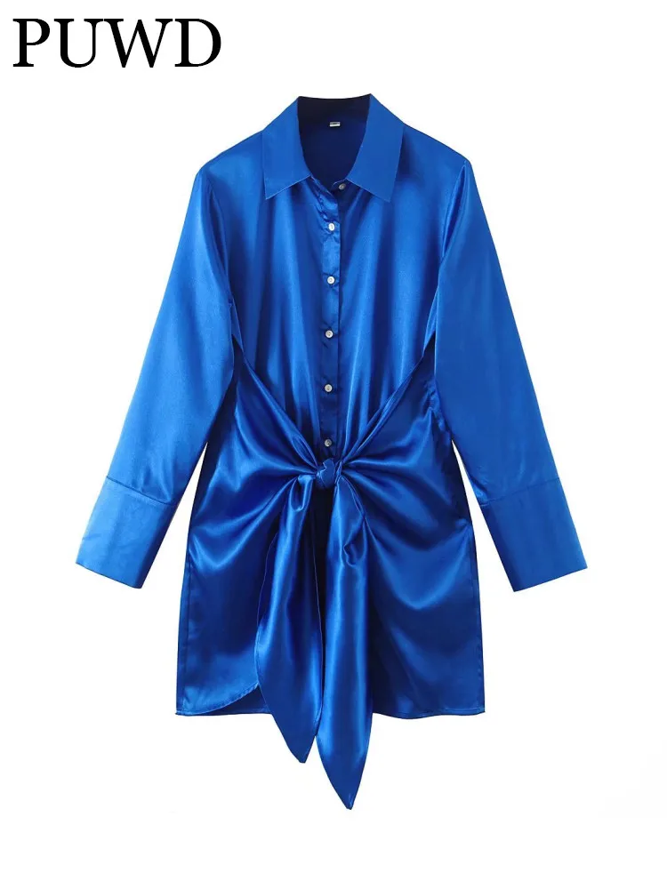 

PUWD Women Blue Ties Girly Holiday Elegant Sweet Beauty Street Style Comfortable And Loose Leisure 2022 Summer Female Dress