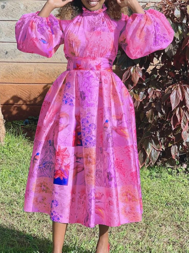Vintage Plus Size Birthday Dresses Elegant Full Sleeve Print Maxi Dress Summer Ball Gown Night Party Robe Femme 2023 Vestidos