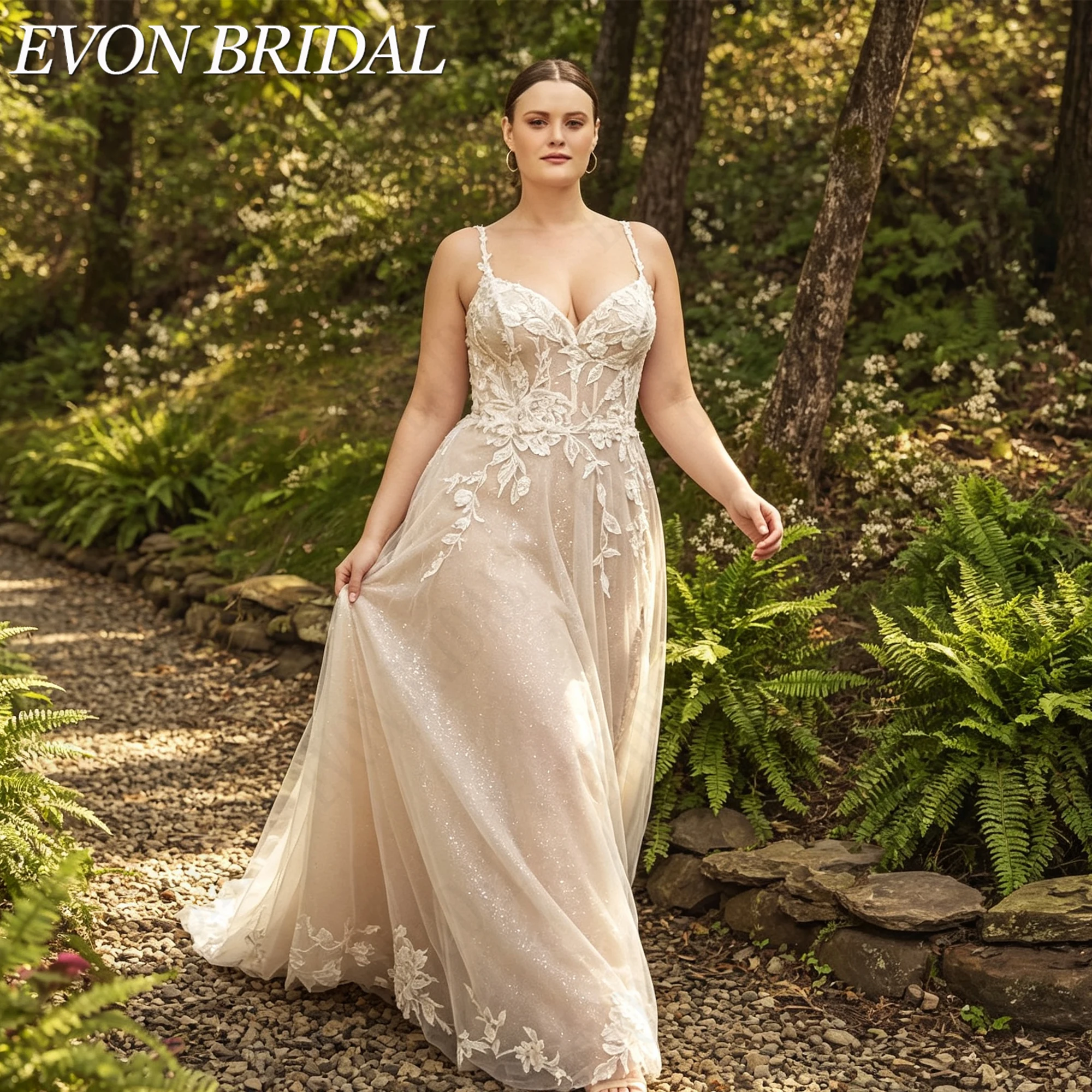 Фото EVON BRIDAL Свадебное платье на тонких бретелях с аппликациями для пышных женщин глубокое V вырез А-силуэт высокий разрез свадебное платье заказ элегантное подвенечное платье для невесты ручная вышивка индивидуальный №1