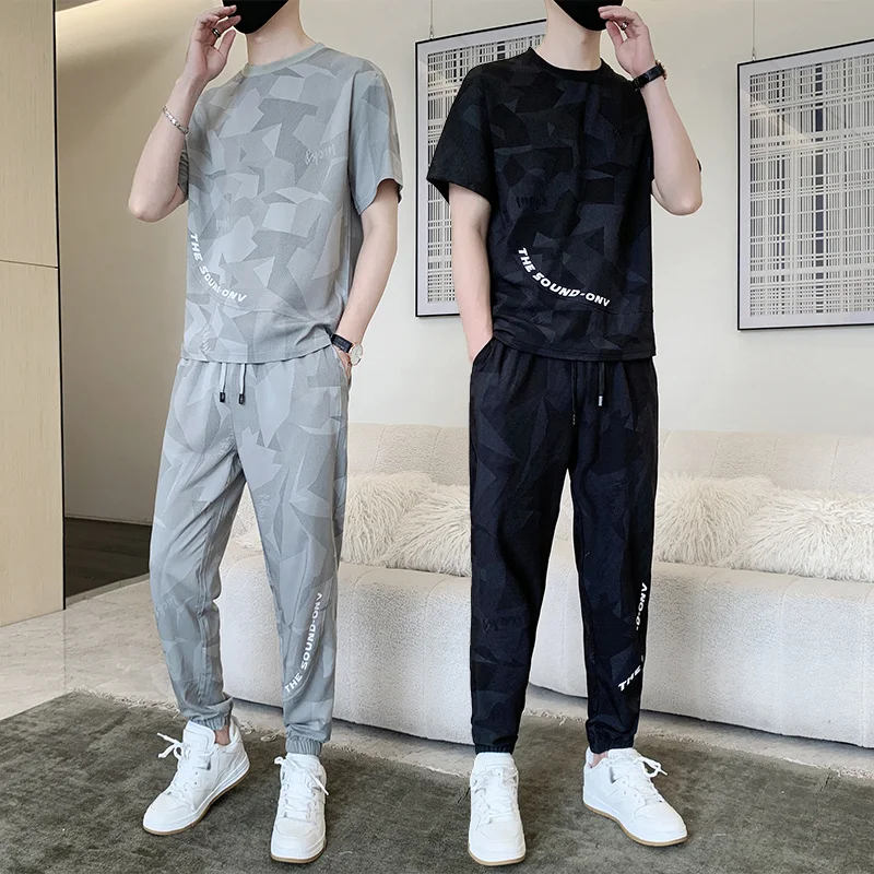 Summer Men's 2-Piece Suit Elastic Belt Pleated Casual Wear Men's Business Short Sleeve T-Shirt Trousers Suit Men's Clothing