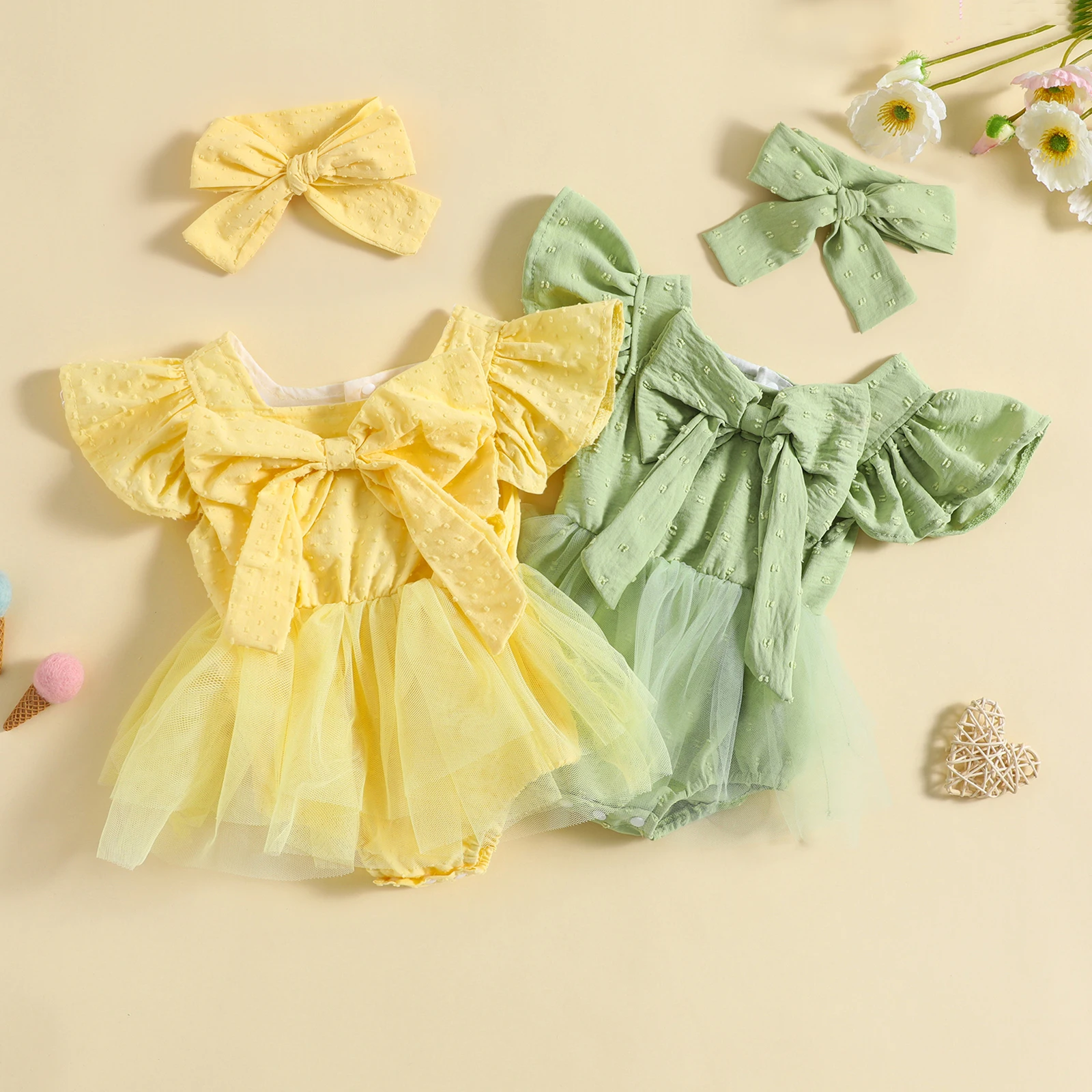 

2023-03-23 Lioraitiin 0-24M Newborn Baby Girls Fashion Bodysuit Set Fly Sleeve Jacquard Tulle Patchwork Bowknot A-line Dress