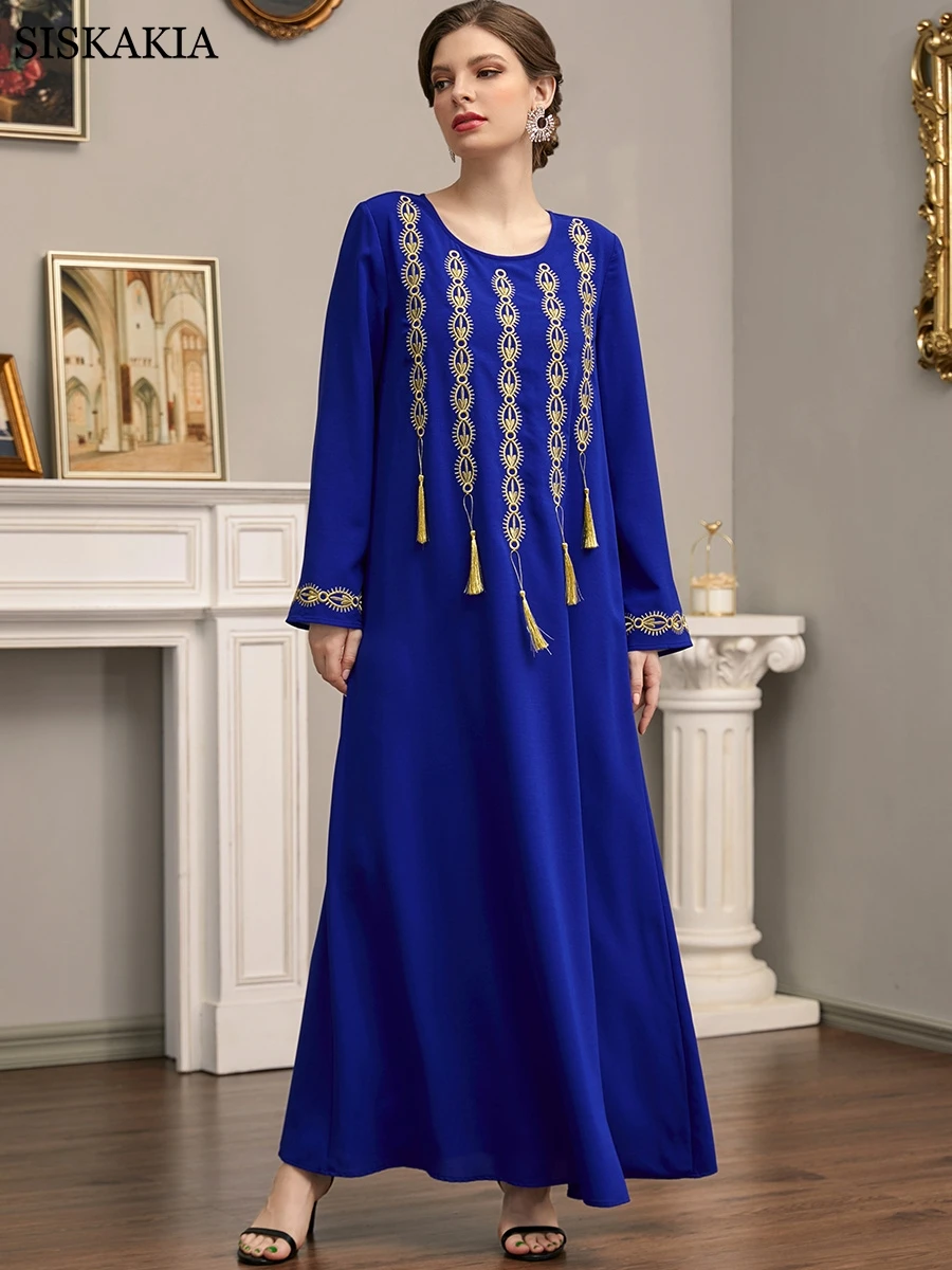 

Embroidery Maxi Dress Long Sleeve O-neck Casual Elegant Robe Ladies Dresses Islamic Ramadan 2022 Feminine Clothes