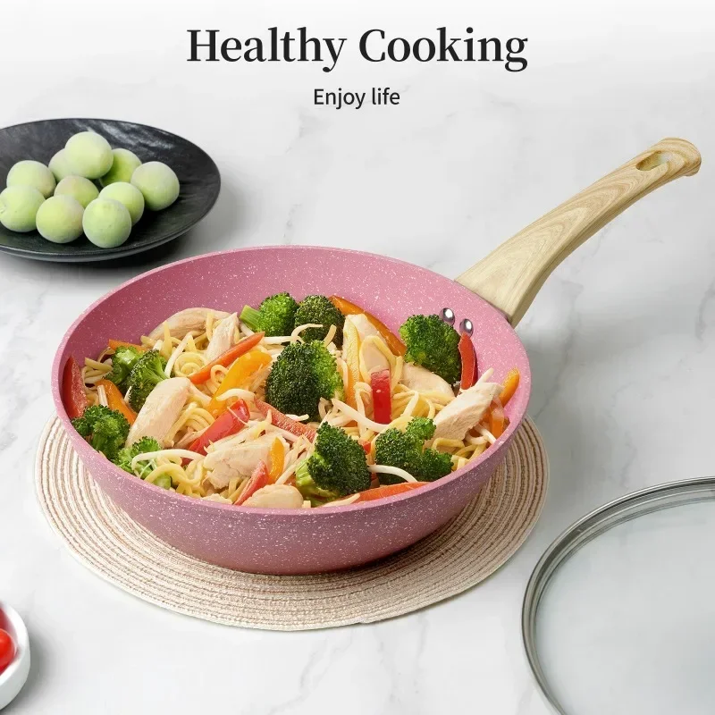 Сковорода Innerwell с антипригарным покрытием Вок крышкой 10-дюймовая розовая