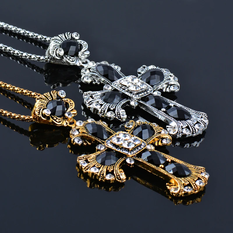 LEEKER Vintage Big Black Stones Cross Pendant Necklace Long Chain Women Statement Jewelry LK3 |