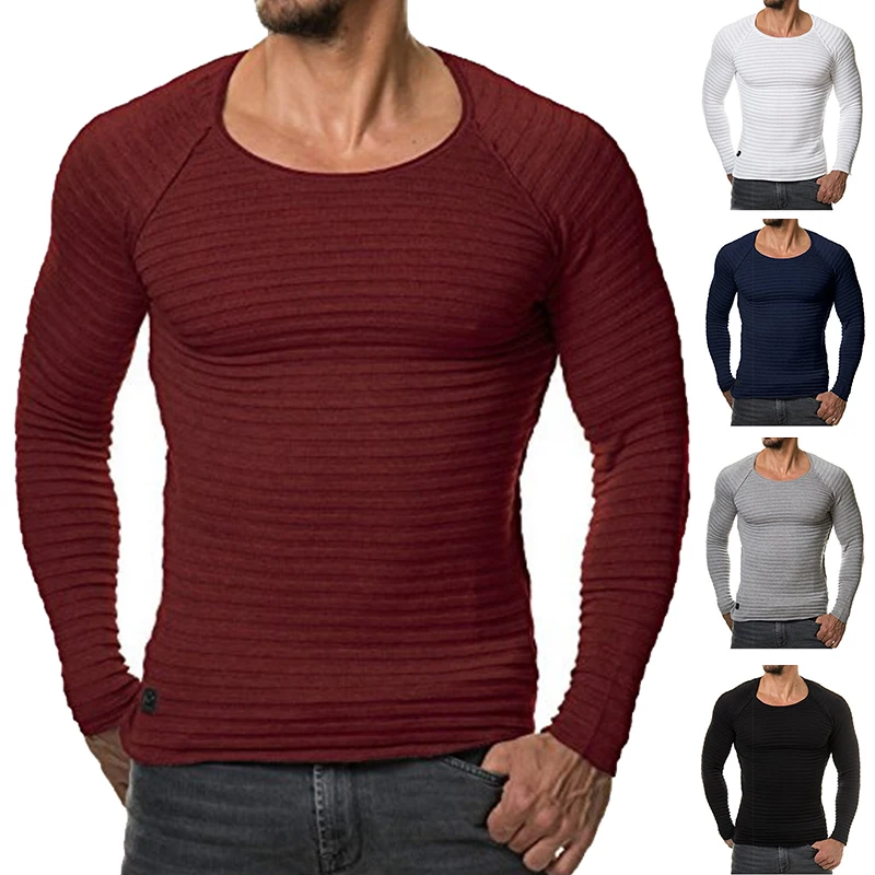 

ZOGAA New Fashion Men's Round Neck Slim Solid Color Long-sleeved T-shirt Striped Fold Raglan SleeveT shirt Men Tops Tees