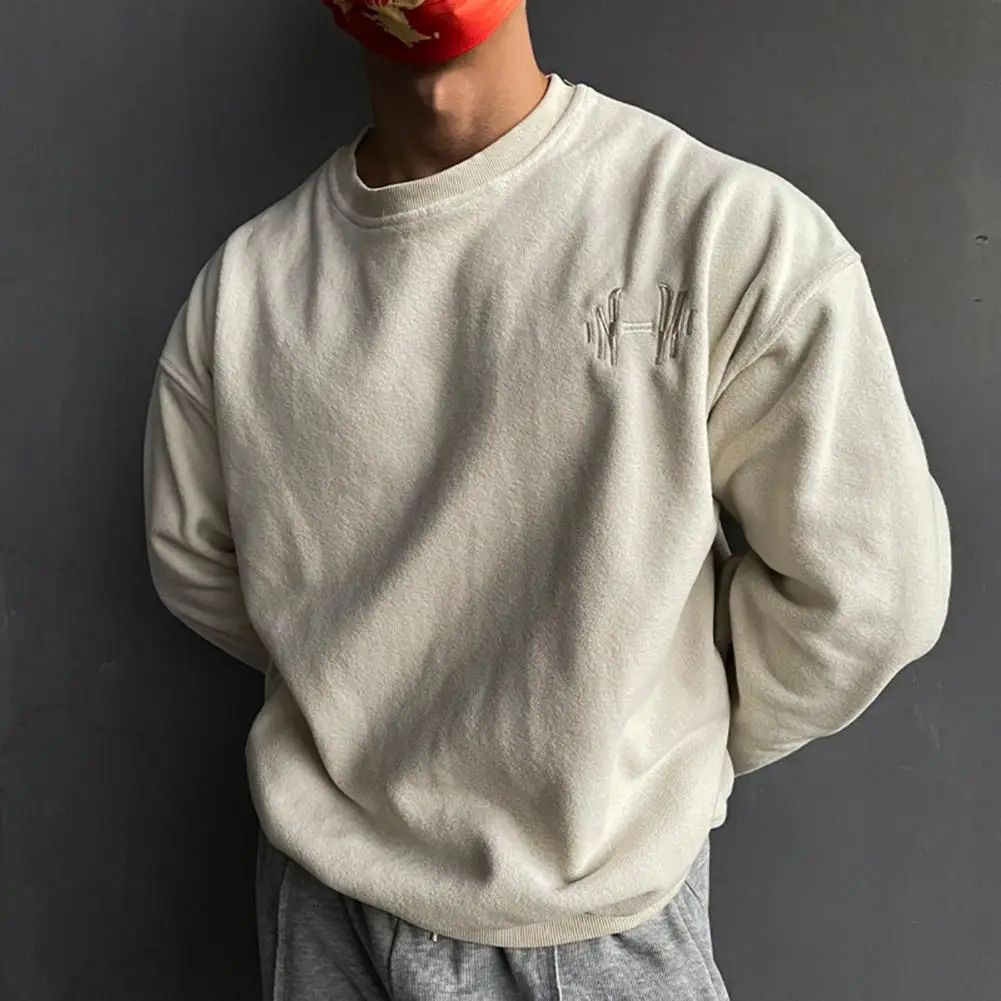 

Chic Men Sweatshirt Round Neck Thicken Fall Tops Funny Embroidery Autumn Sweatshirt